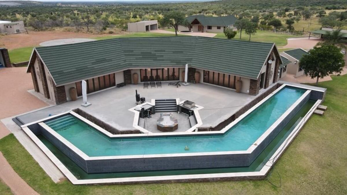 Aerial view of Boshoff Afrikaner Lodge and its 55-metre infinity pool
